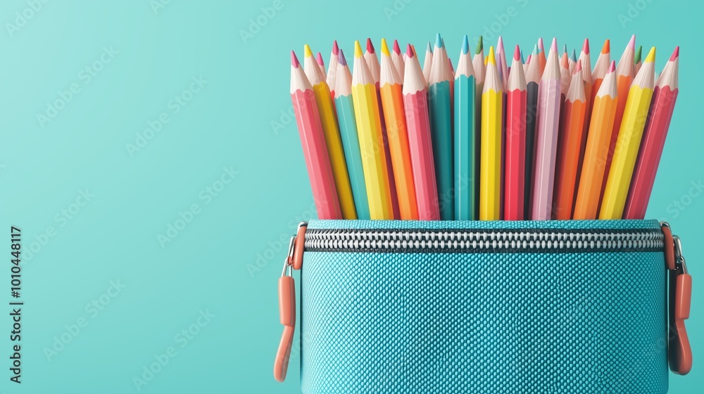 Fototapeta premium Colorful Pencils in a Blue Pencil Case on Turquoise Background