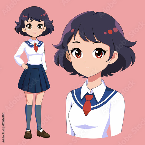 Classic Anime Style: School Girl with Cute Expressions and Poses