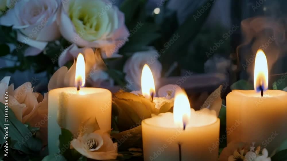 Mourning, many burning candles, with flowers in the background. Generative AI Mourning, many burning candles, with flowers in the background. Generative AI
