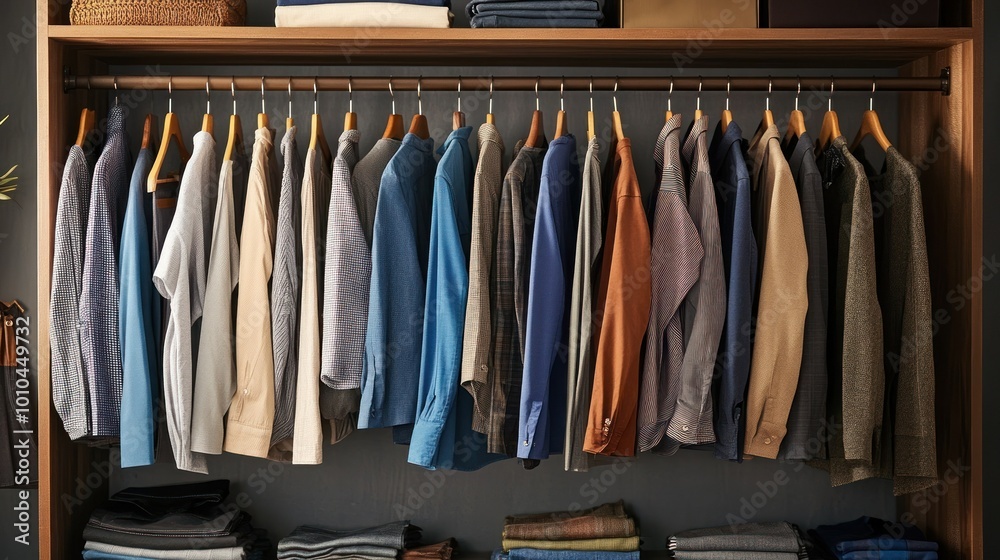 A Variety of Men's Shirts and Jackets Hung on Wooden Hangers in a Closet A Variety of Men's Shirts and Jackets Hung on Wooden Hangers in a Closet