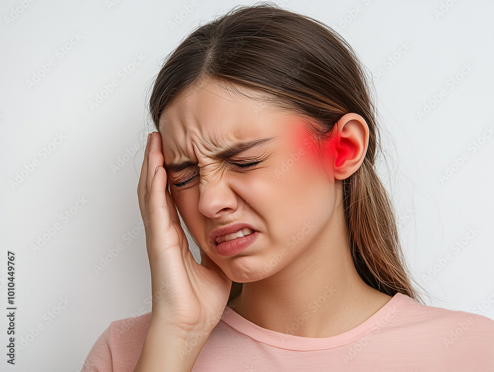 Junge Frau mit Migräne Kopfmschmerzen hält die Hand an den Kopf. Das Gesicht ist schmerzverzerrt. Migräne Kopfschmerzen Junge Frau mit Migräne Kopfmschmerzen hält die Hand an den Kopf. Das Gesicht ist schmerzverzerrt. Migräne Kopfschmerzen