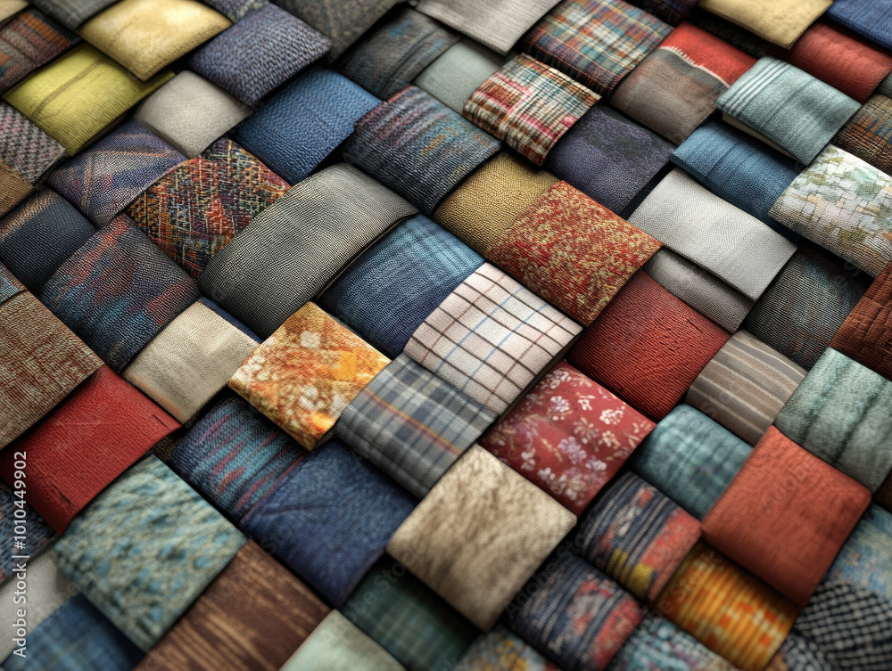 A 3D texture that looks like a patchwork quilt, with different fabrics blending together A 3D texture that looks like a patchwork quilt, with different fabrics blending together