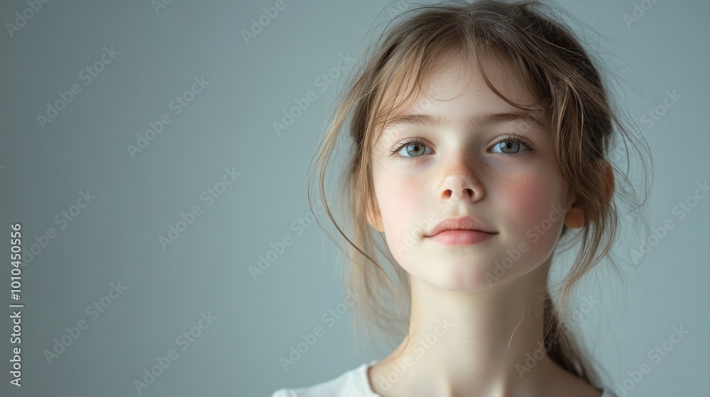Portrait of a young girl with blue eyes and light brown hair, looking directly at the camera. Portrait of a young girl with blue eyes and light brown hair, looking directly at the camera.
