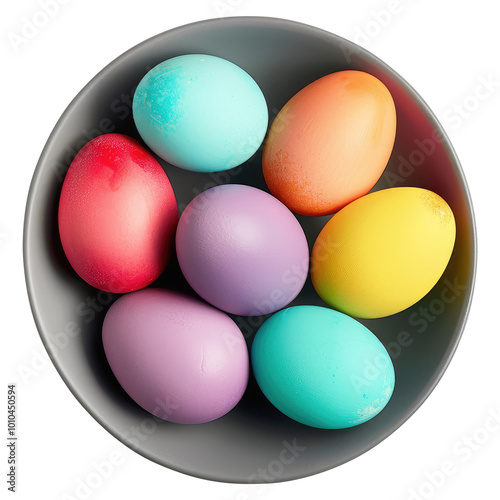 easter eggs in bowl top view isolated on transparent white background, clipping path