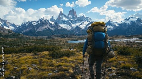 A Hiker With Backpack Facing Majestic Mountains In Patagonia