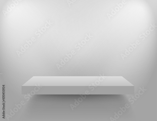 Empty white realistic shelf. 3D bookshelf on grey white background. Store stand in the supermarket, front view. Shop display