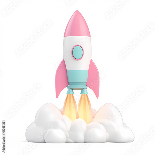 A pink and blue rocket is flying through the sky. The rocket is the main focus of the image, and it is in motion, as if it is taking off. The sky is filled with fluffy white clouds