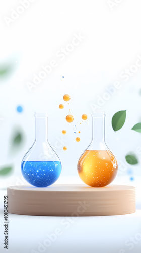 Two beakers of different colors, one blue and one orange, are on a wooden platform. The blue beaker is filled with a blue liquid, while the orange beaker is filled with a yellow liquid