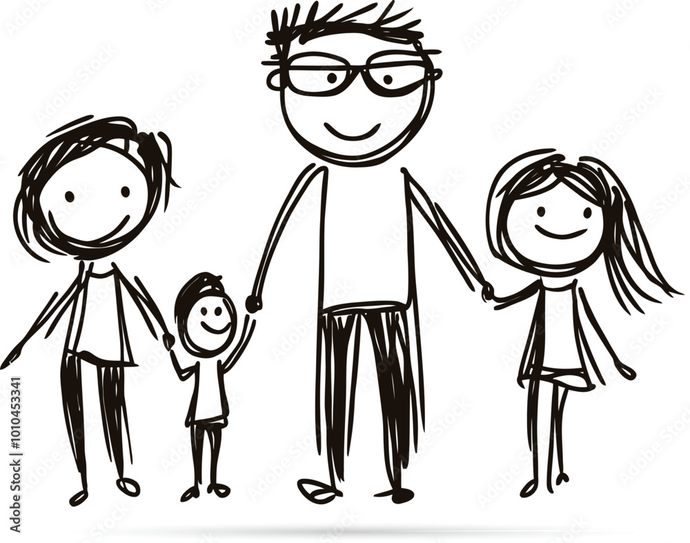Hand-Drawn Stick Figure Family Holding Hands Illustration Hand-Drawn Stick Figure Family Holding Hands Illustration
