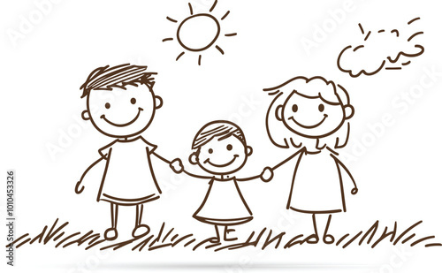 Hand-Drawn Stick Figure Family Holding Hands Illustration