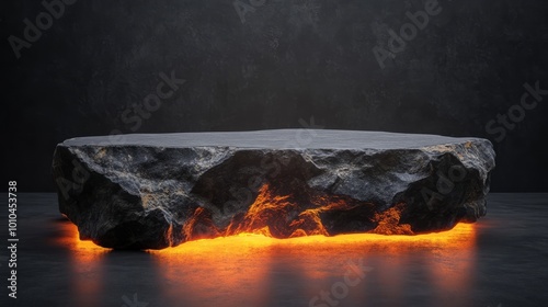 burning stone podium. empty display backdrop with golden lights photo