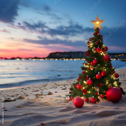 a christmas day celebration in the beach and with the christmas tree and decorations in the evening vibes 