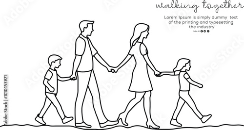 Line Art Illustration of a Family Walking Together Hand in Hand