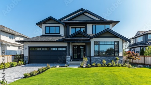 A modern two-story house with a large lawn, a stone pathway leading to the front door, and a two-car garage.