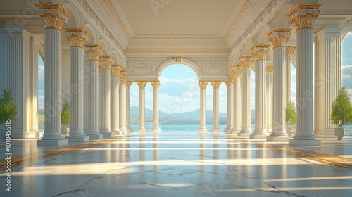 Serene architectural space with columns and a scenic view.