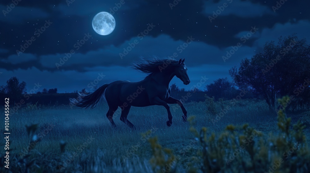 Galloping Horse in a Moonlit Meadow Galloping Horse in a Moonlit Meadow