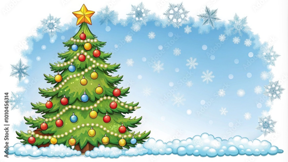 Christmas tree with ornaments and a star on top, surrounded by snowflakes and a snowy background, festive winter scene. Christmas tree with ornaments and a star on top, surrounded by snowflakes and a snowy background, festive winter scene.