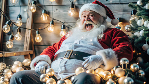 Cheerful Santa Claus with festive decorations and lights, spreading joy during the holiday season