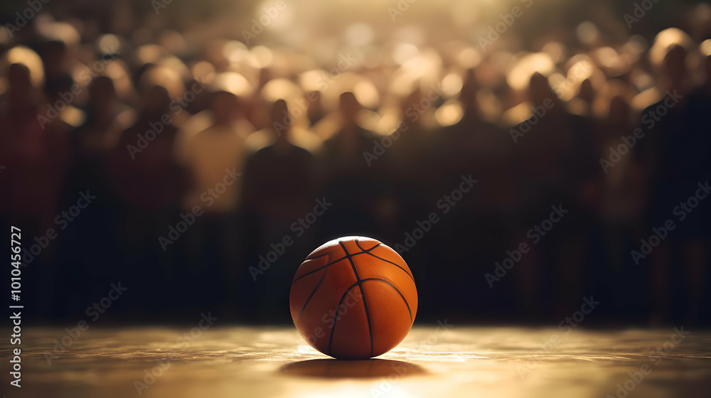 Basketball on the Court with a Crowd in the Background Basketball on the Court with a Crowd in the Background