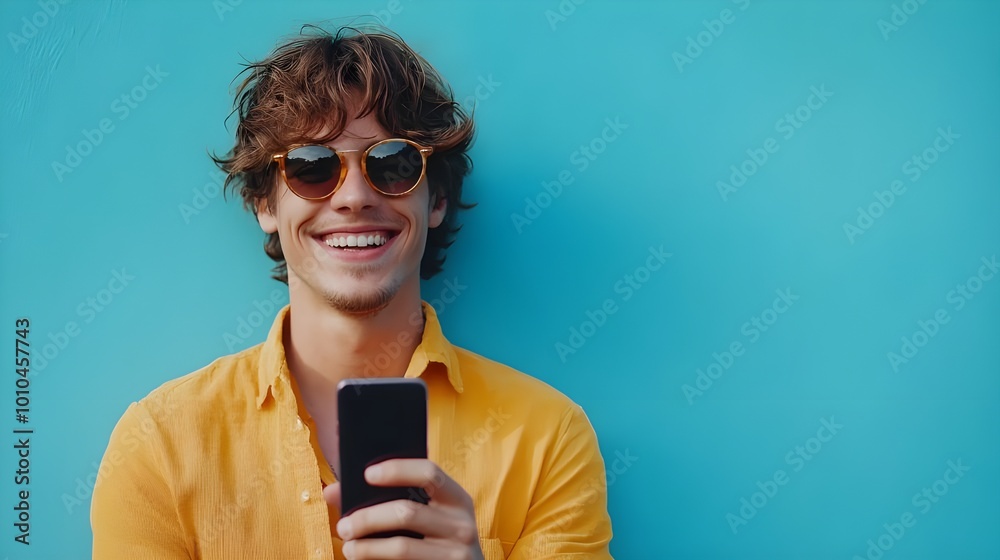 Happy young man displaying smartphone technology in his hand Happy young man displaying smartphone technology in his hand
