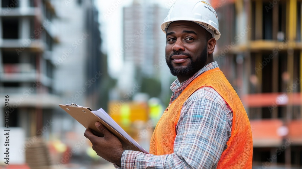 Construction Worker Holding Clipboard in Front of Building