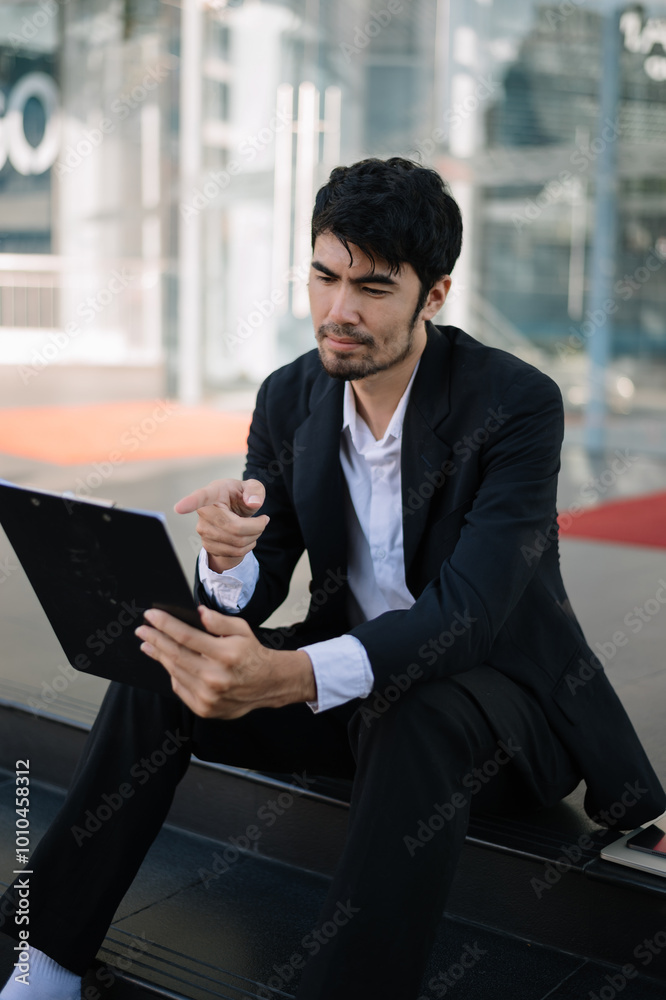 Confident Businessman in Suit Holding Tablet and Coffee Outdoors Urban Professional Work Confident Businessman in Suit Holding Tablet and Coffee Outdoors Urban Professional Work