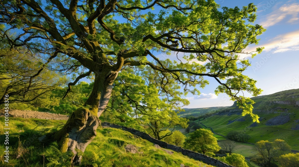 Fototapeta premium Majestic Tree with Vivid Green Leaves Swaying Gently