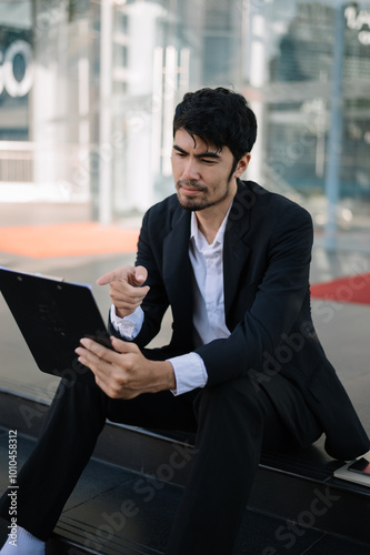 Confident Businessman in Suit Holding Tablet and Coffee Outdoors Urban Professional Work