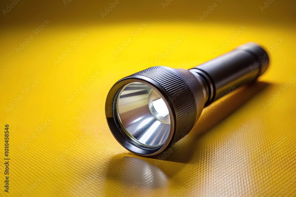 Forced perspective image of a flashlight on a bright yellow background Forced perspective image of a flashlight on a bright yellow background