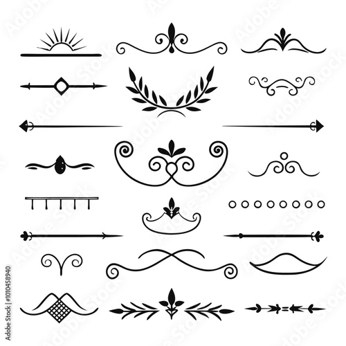 This set of twenty Rome-style calligraphic design elements includes ornate dividers and headpieces, perfect for adding elegance to page decor, invitations, or vintage-themed projects.