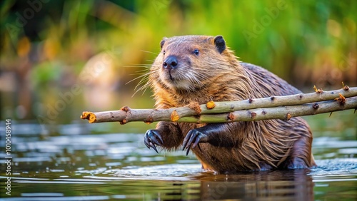 Forced perspective image of a North American beaver carrying a tree branch to the water photo