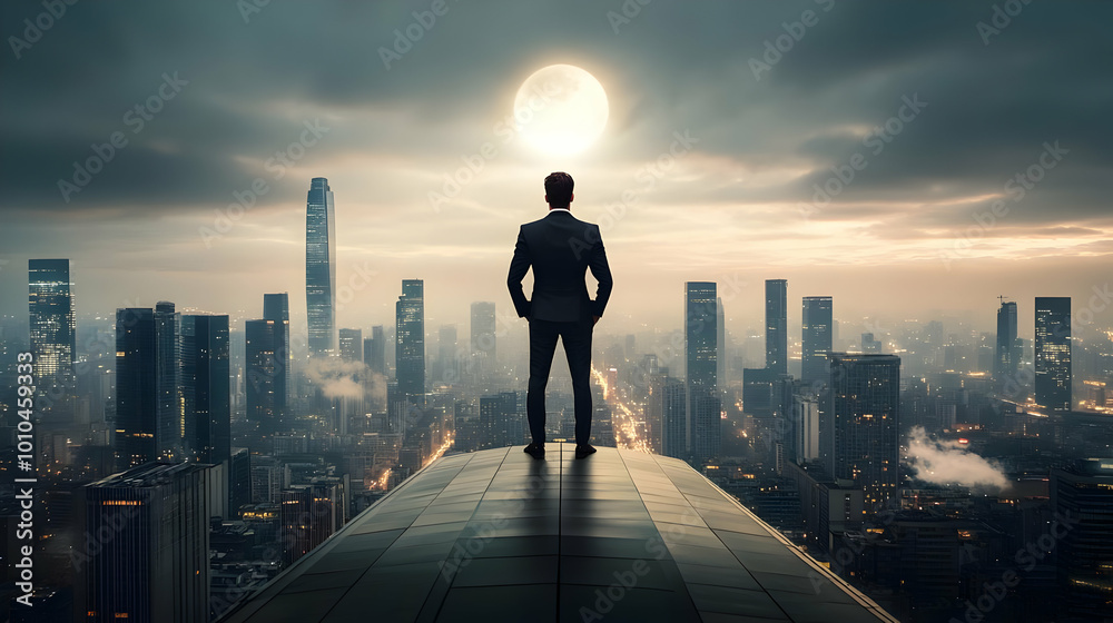 Man Stands on Rooftop, Looking at Cityscape with Moon Man Stands on Rooftop, Looking at Cityscape with Moon