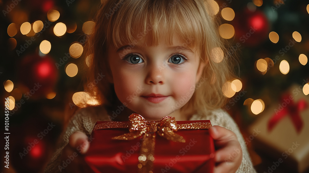 Young girl holding Christmas gift, festive holiday portrait Young girl holding Christmas gift, festive holiday portrait