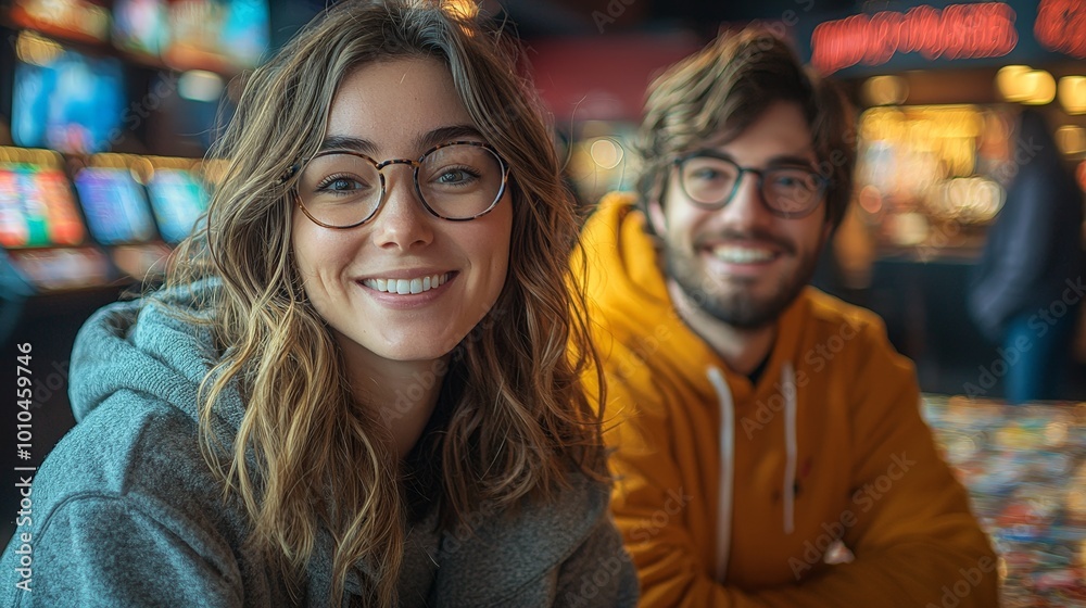 Two smiling friends in a casual setting, enjoying each other's company. Two smiling friends in a casual setting, enjoying each other's company.