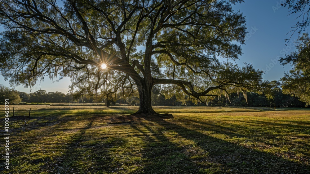 Majestic tree with lush green leaves and long shadows Majestic tree with lush green leaves and long shadows