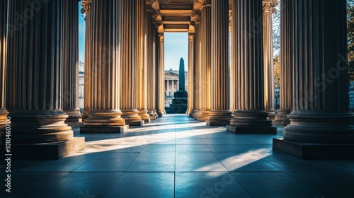 A perspective view of a colonnade with sunlight streaming through the pillars.