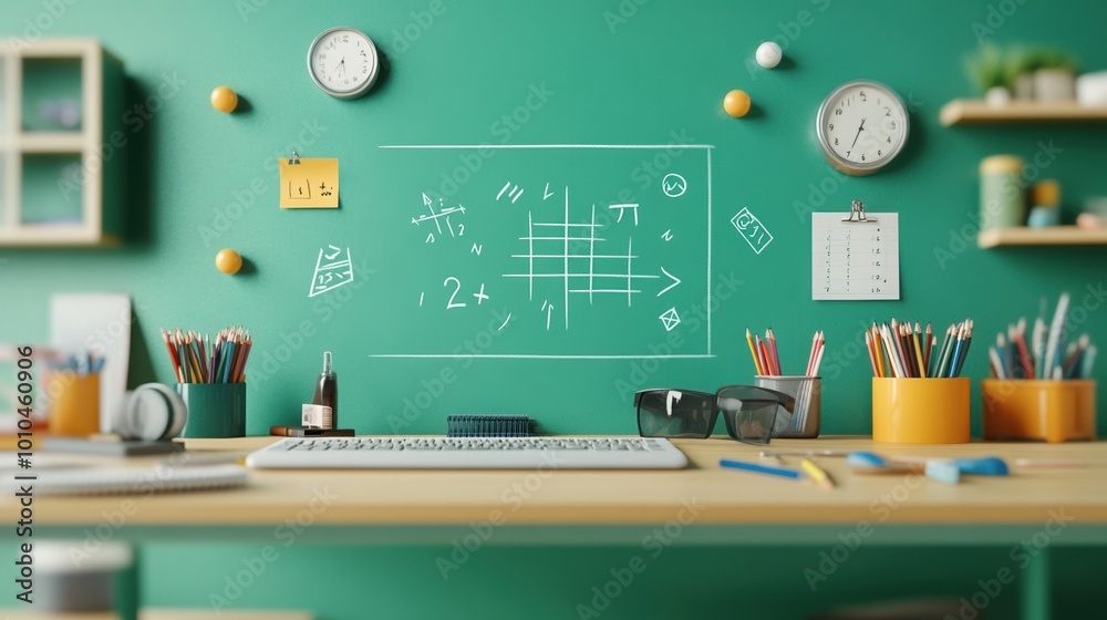 Creative workspace with green wall, desk, clocks, and colorful stationery. Creative workspace with green wall, desk, clocks, and colorful stationery.