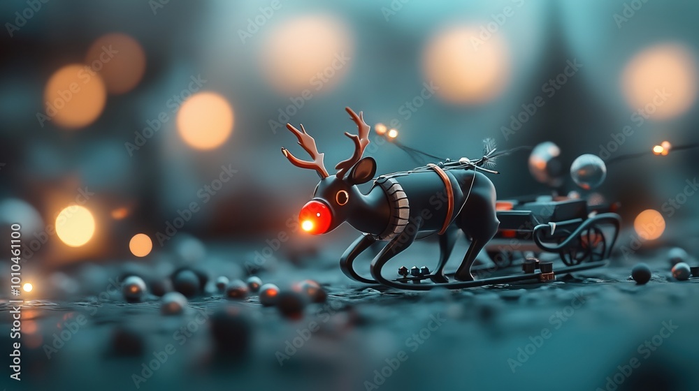 Fototapeta premium Decorative reindeer pulling a sleigh, with bokeh lights in the background.