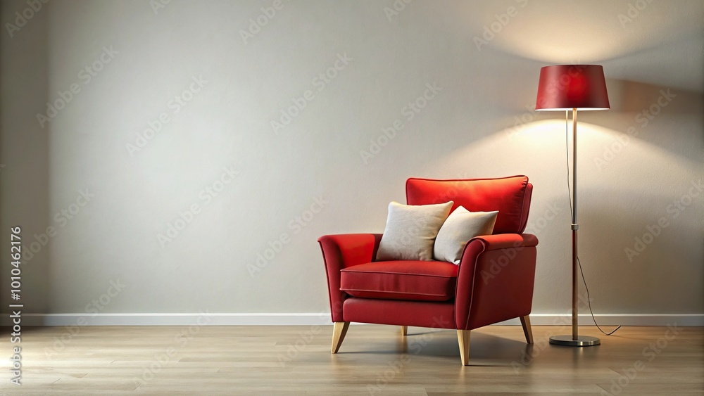 Extreme close-up of armchair with red pillow, vase, and floor lamp Extreme close-up of armchair with red pillow, vase, and floor lamp