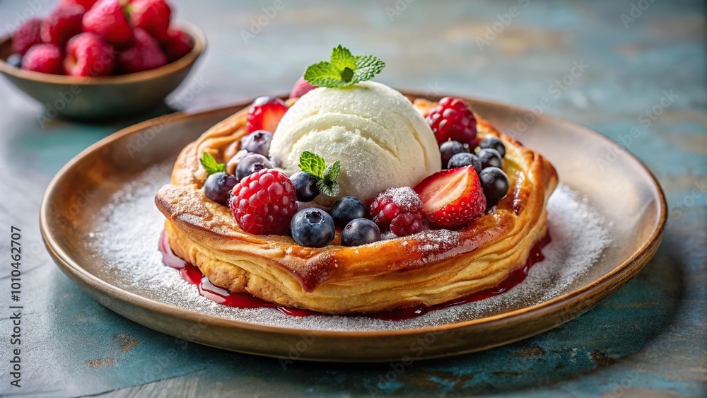 Extreme close-up of berry croissant tart and ice cream on ceramic plate Extreme close-up of berry croissant tart and ice cream on ceramic plate