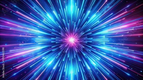 Extreme close-up of blue and purple neon lights in the shape of an explosion with stripes