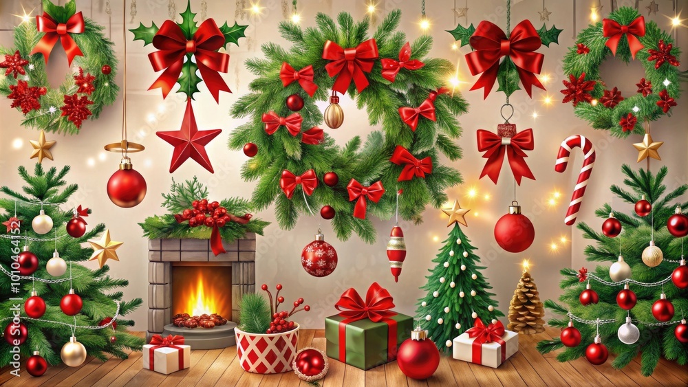 Christmas holiday decorations Christmas wreaths, ornaments, trees, and gifts arranged with a cozy fireplace in the background. Christmas holiday decorations Christmas wreaths, ornaments, trees, and gifts arranged with a cozy fireplace in the background.