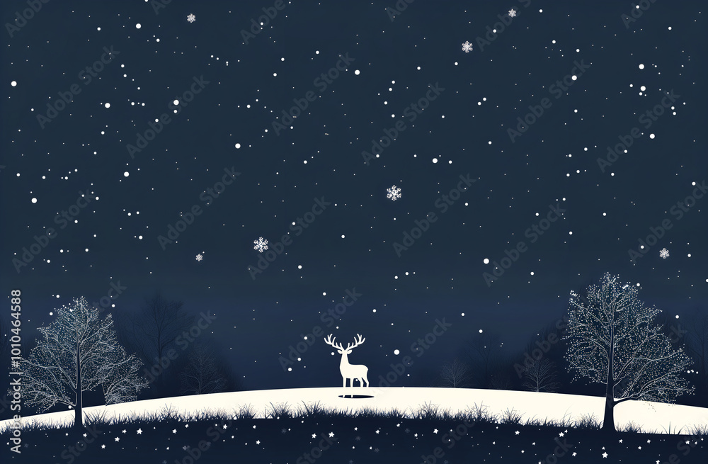 Naklejka premium Starry sky, white silhouettes of trees and deer on the horizon, simple flat ,winter night landscape, white color palette, dark blue background