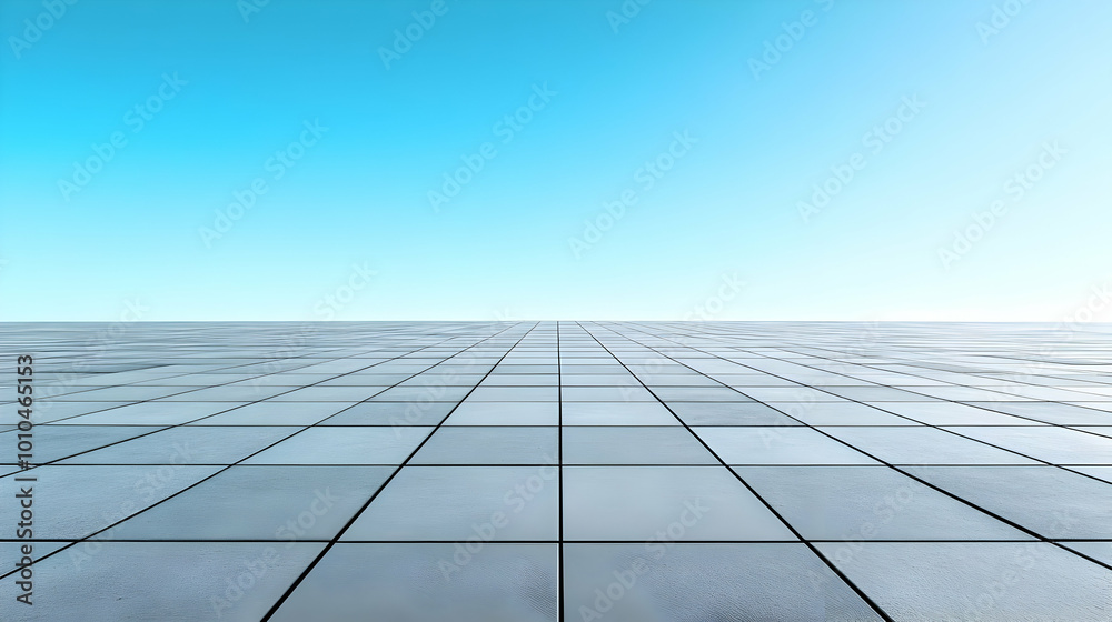 A Tile Floor Extending Towards a Clear Blue Sky with a Minimalist Perspective A Tile Floor Extending Towards a Clear Blue Sky with a Minimalist Perspective