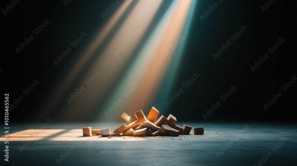 Illuminated wooden blocks arranged artistically on dark background. Illuminated wooden blocks arranged artistically on dark background.
