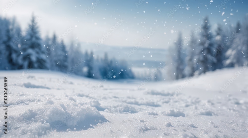 Winter falling snow with christmas pine tree in background, holiday snowy nature landscape concept Winter falling snow with christmas pine tree in background, holiday snowy nature landscape concept