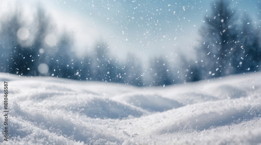 Winter falling snow with christmas pine tree in background, holiday snowy nature landscape concept Winter falling snow with christmas pine tree in background, holiday snowy nature landscape concept