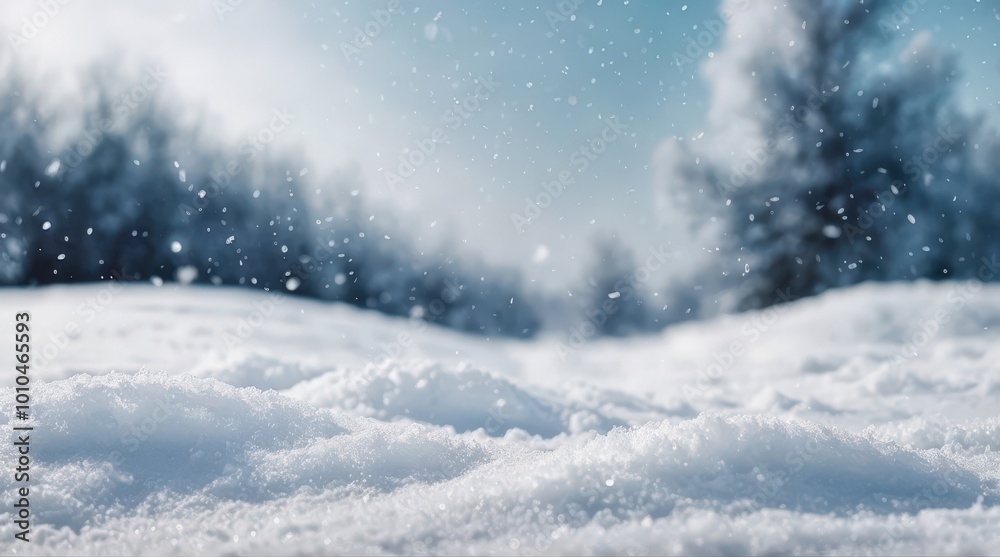 Winter falling snow with christmas pine tree in background, holiday snowy nature landscape concept Winter falling snow with christmas pine tree in background, holiday snowy nature landscape concept