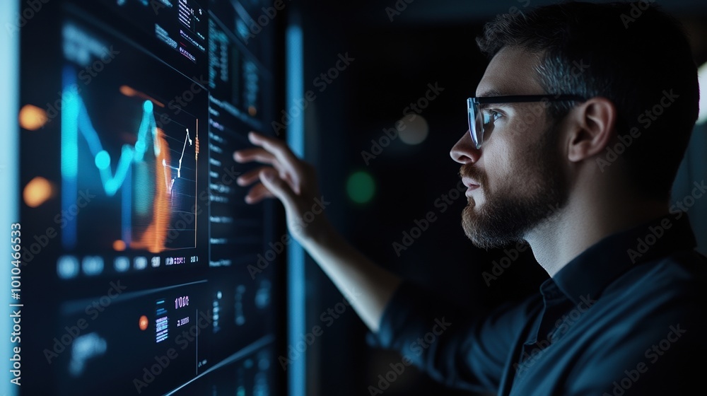 Professional analyzing data on digital screen in dark room. Professional analyzing data on digital screen in dark room.
