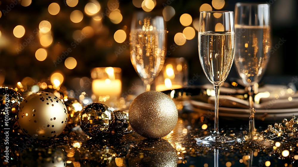 Sparkling Celebration: Champagne Flutes & Golden Ornaments Sparkling Celebration: Champagne Flutes & Golden Ornaments